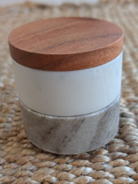 Hearth & Hand Other - Hearth & Hand 3 pc Stackable Marble Salt Jars with Brown Wood Lid - White/Tan